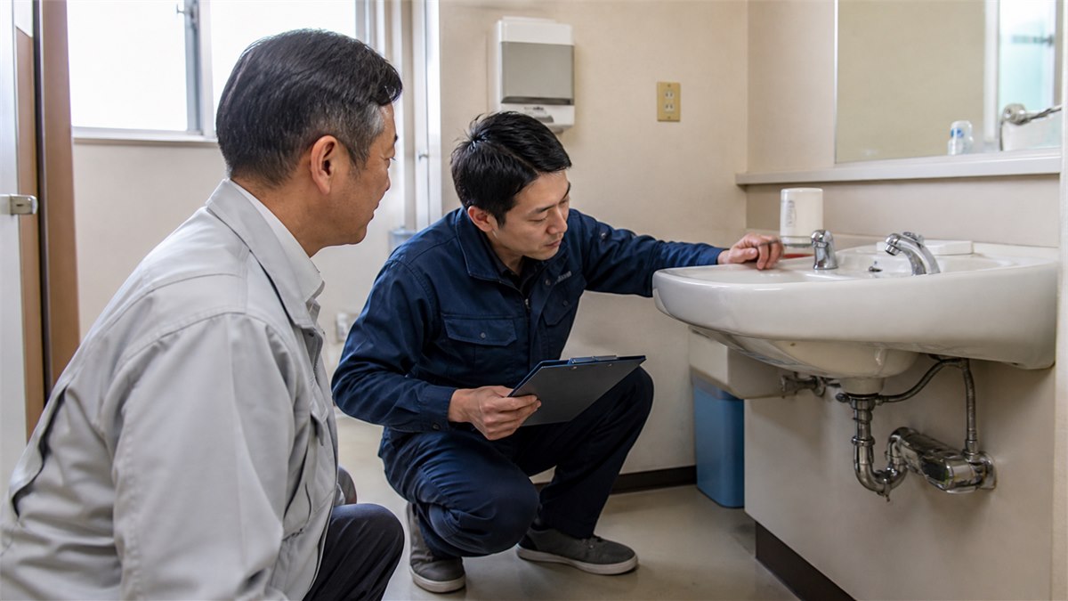 施設の水まわり設備を点検する担当者と施工スタッフ