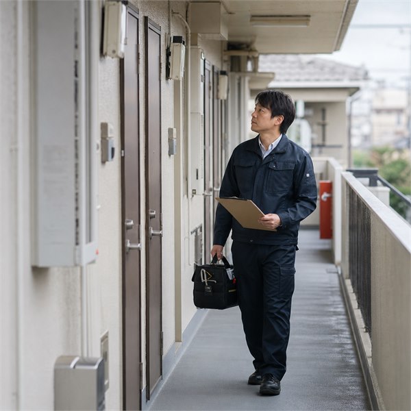 同じアパート内の複数住戸を確認する施工スタッフ