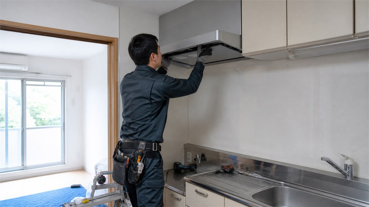 賃貸住宅のレンジフードを交換する施工スタッフ